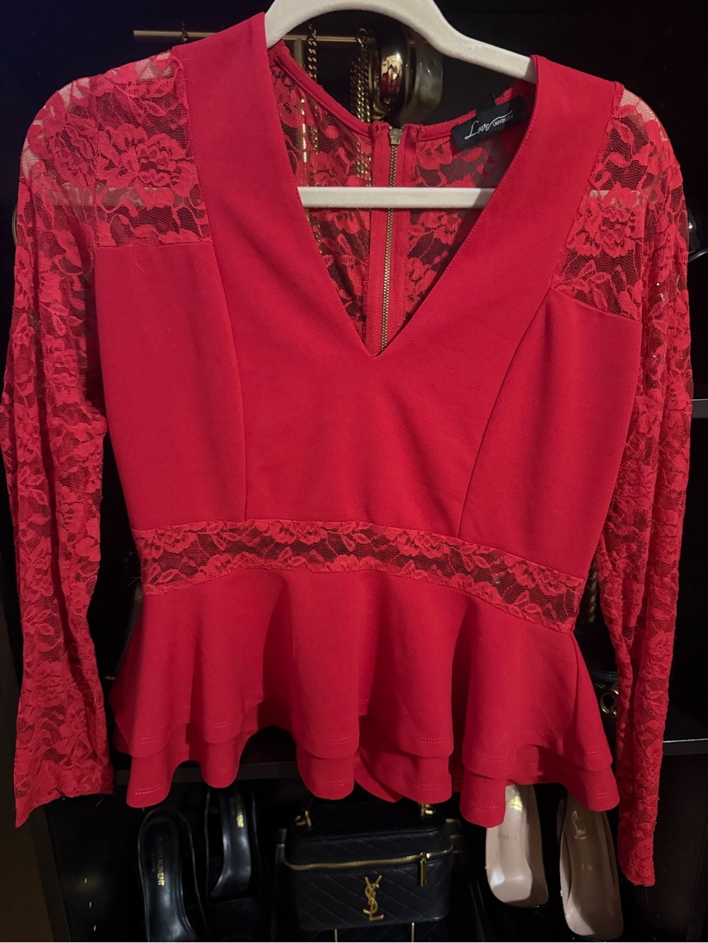 Love Tree Red Lace Peplum V-Neck Blouse